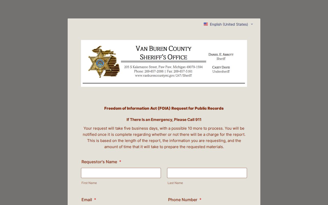 Van Buren County released inmate Sheriff records request form